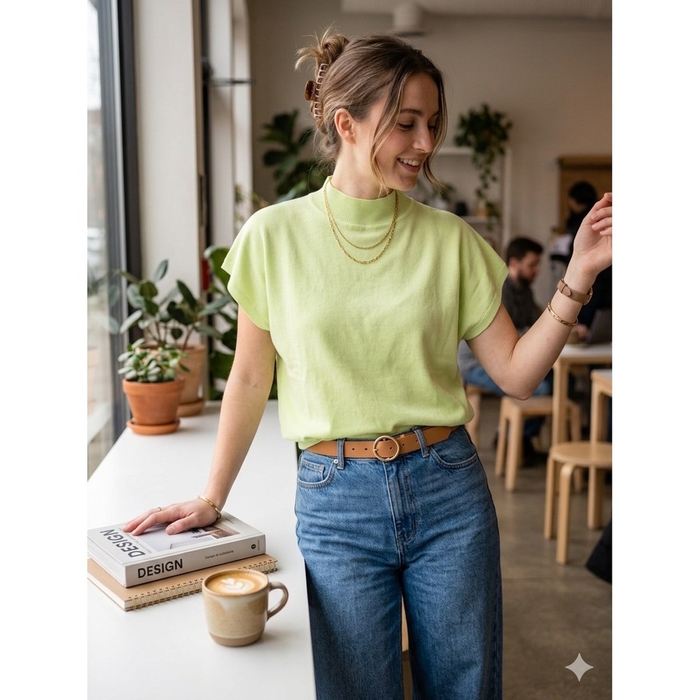 AnnieWear Los Angeles Lime Green Mock Neck Cap Sleeve Knit Top womens M